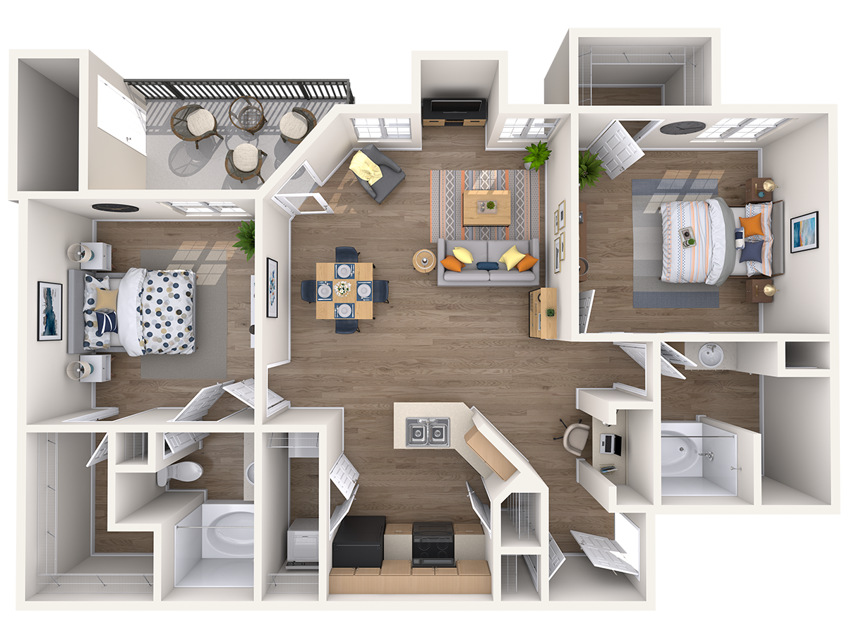 Floor plan for 2 beds, 2 baths, 1069 sqft